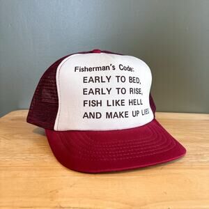 Vintage Fisherman's Code Funny 90s Maroon White Mesh Trucker Snapback Hat
